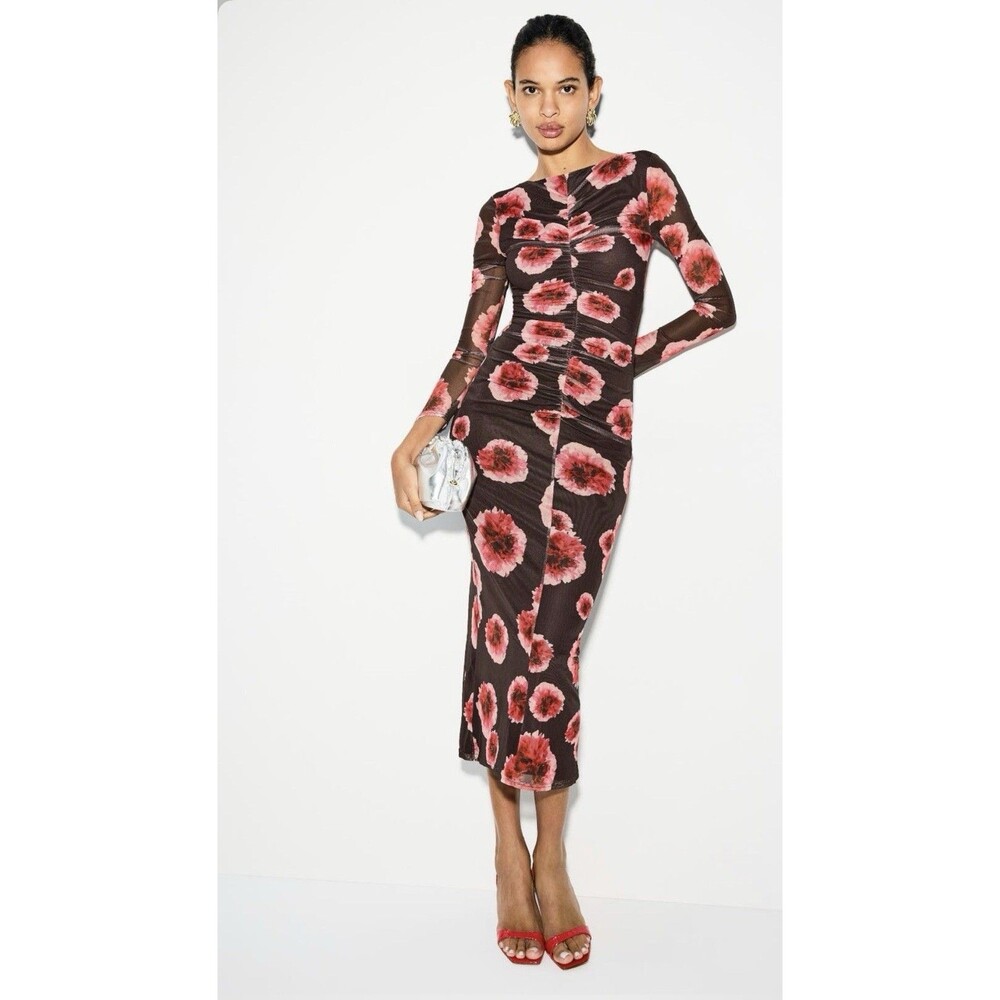Women "Suboo" brown, red, sheer long sleeve ruch dress. Size M. P.O.
